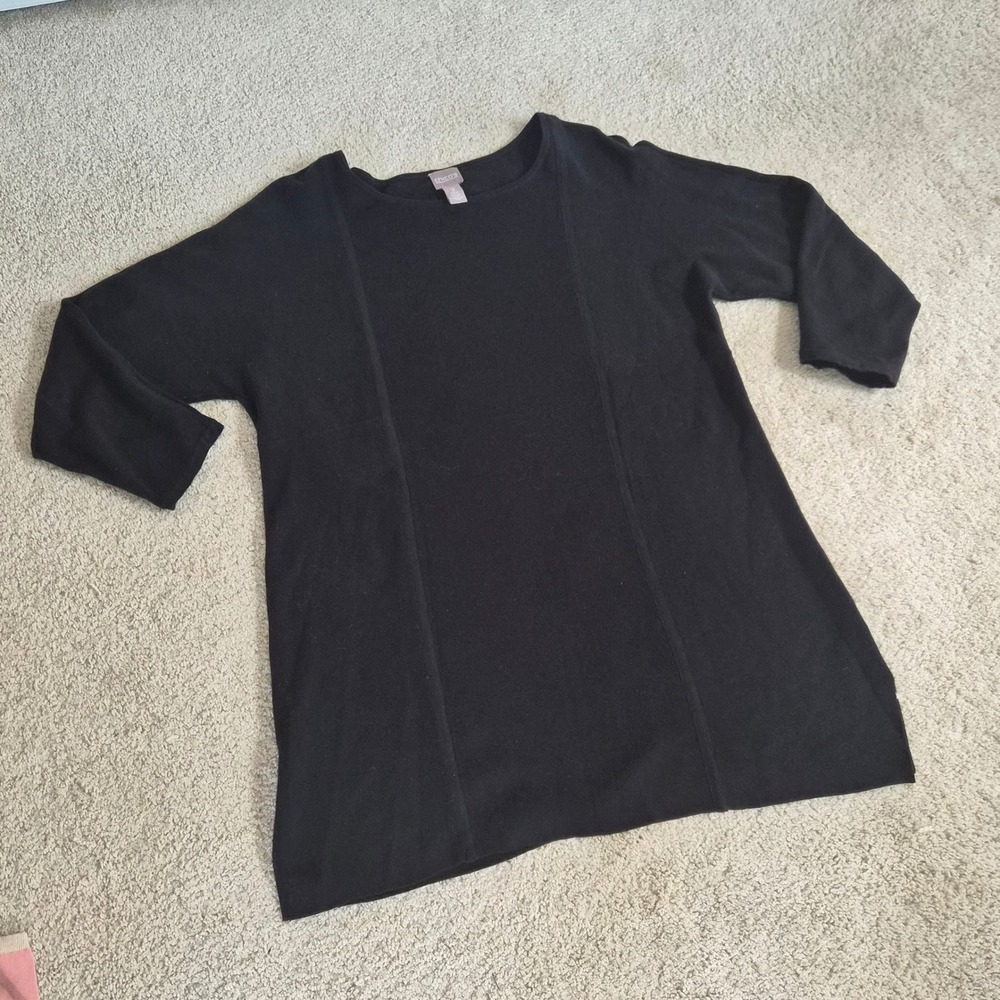 Chicos Black Fine Knit Tunic Sweater Size 2 Large Minimalist lagenlook Boat Neck